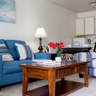 A cozy living room with a blue couch, wooden coffee table, and decorative accents.