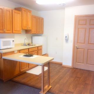 A minimalist kitchen with wooden cabinets, a microwave, and a small countertop.