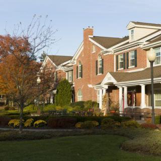 A row of brick residential houses with well-maintained landscaping during autumn.