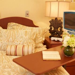 A cozy bedroom setting with a bed, decorative pillows, and a bedside table featuring a lamp, flowers, and a television.