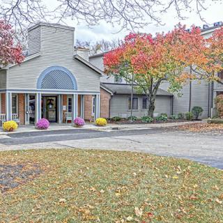 A building entrance surrounded by colorful autumn trees and fallen leaves.