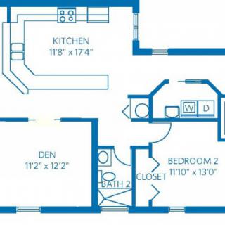 A floor plan depicting a residential layout with a kitchen, den, bedroom, and bathroom.