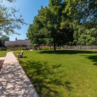 A serene backyard garden with a manicured lawn, trees, and a single chair by a pathway.