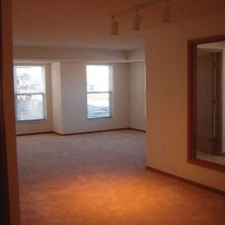 A spacious, empty room with carpet flooring and large windows letting in natural light.