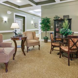 A cozy living room with elegant furniture and decor elements.