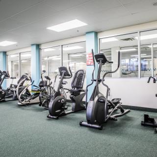 A gym with various cardio exercise machines lined up in a bright, indoor space.