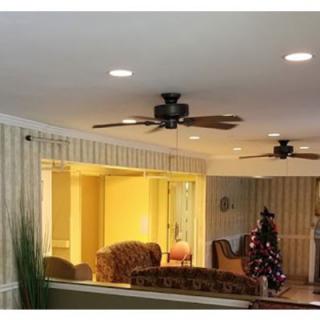 A cozy living room with ceiling fans, a decorated Christmas tree, and comfortable seating.