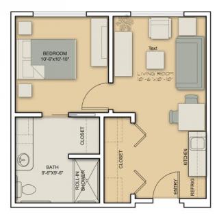 A floor plan of a compact one-bedroom apartment with a bathroom, living area, and kitchen.