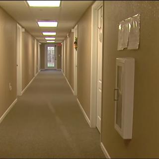 A long, well-lit hallway in a building with multiple doors on each side.