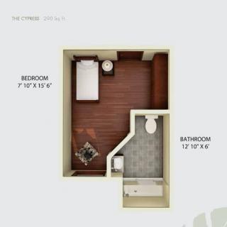 A floor plan featuring a bedroom and bathroom layout.