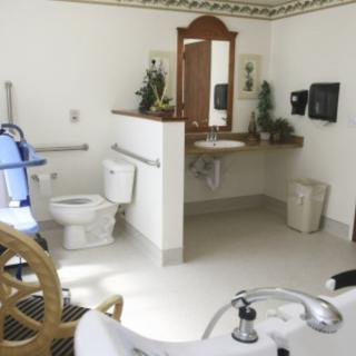 An accessible and well-organized bathroom with a toilet, sink, and handrails.