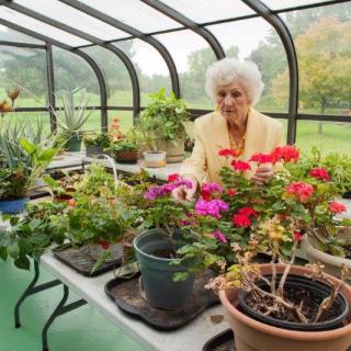 An elderly woman tending to flowers and plants in a greenhouse.