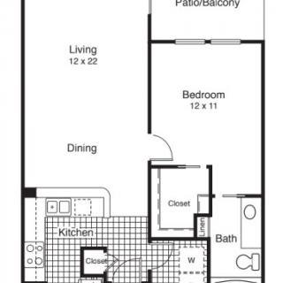 A floor plan of a one-bedroom apartment featuring a living room, kitchen, dining area, bathroom, and balcony.