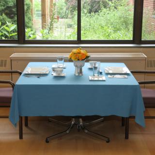A dining table set with a blue tablecloth, complete with cutlery, glasses, and a flower arrangement, near a large window overlooking greenery.