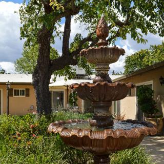 A scenic view of a garden with a multi-tiered fountain, surrounded by lush greenery and buildings in the background.