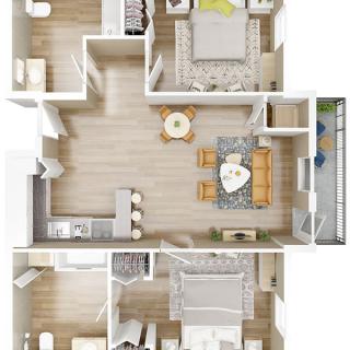 A detailed floor plan of a modern 2-bedroom apartment with an open living and dining area.