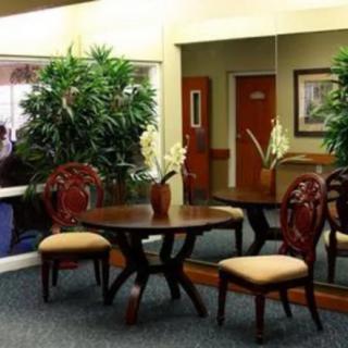A well-furnished waiting room with a table, chairs, and indoor plants.