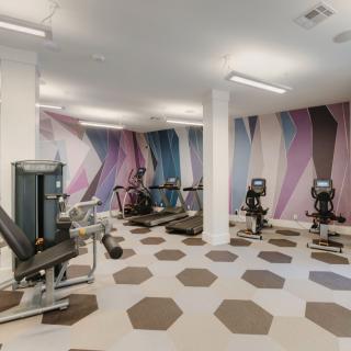 A modern indoor gym featuring various exercise machines and vibrant wall designs.
