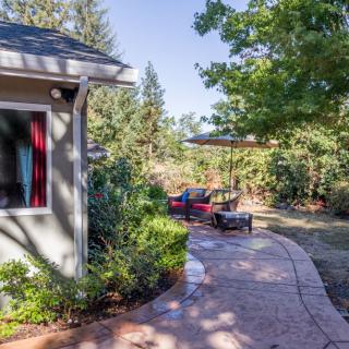 A serene backyard with a winding pathway, surrounded by lush greenery and patio furniture.