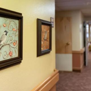 A hallway featuring framed artwork on the walls, creating a welcoming and artistic atmosphere.