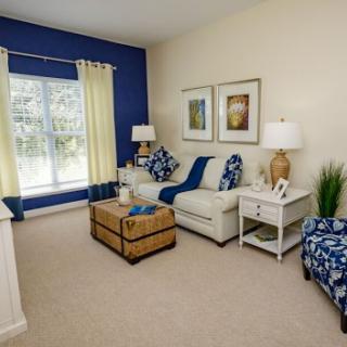 A cozy living room featuring a blend of blue and beige tones with stylish furniture.