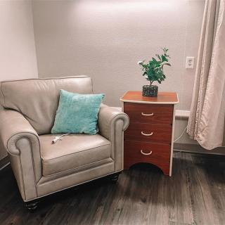 A cozy corner with an armchair, a pillow, and a side table adorned with a plant.