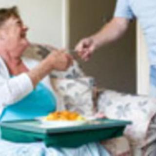 An elderly woman receiving assistance with her meal at home.