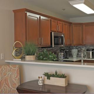 A modern kitchen with wood cabinets and stainless steel appliances, featuring decorative plants on the countertop.