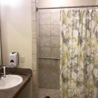 A modern bathroom with a sink, tiled shower, and patterned shower curtain.