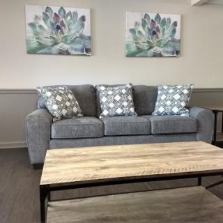 A cozy living room setup featuring a gray sofa adorned with patterned cushions, complemented by a wooden coffee table and decorative wall art.