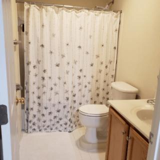 A small bathroom with a shower curtain, toilet, and sink.