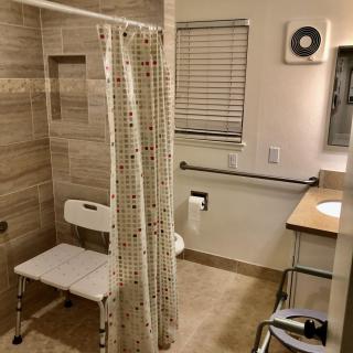 An accessible bathroom with a shower chair and safety bars.
