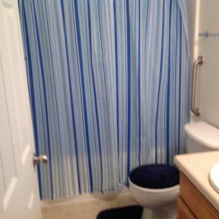A bathroom with a blue striped shower curtain, toilet, and sink.