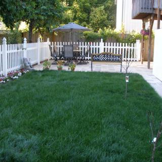 A well-maintained backyard with a lush lawn, surrounded by a white picket fence and featuring a patio with outdoor furniture.