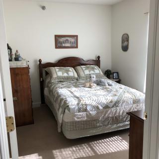 A cozy bedroom with a neatly made bed, wooden furniture, and decorative elements.