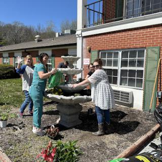 A group of volunteers working together to clean and maintain a garden fountain on a sunny spring day.