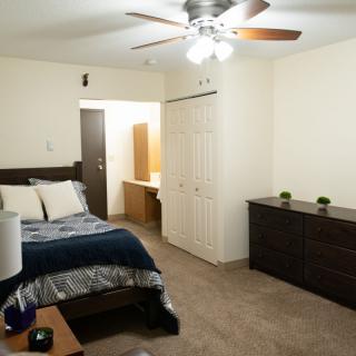 A cozy and modern bedroom with a bed, dresser, closet, and ceiling fan.
