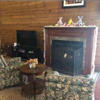 Cozy living room with a fireplace and floral furniture.