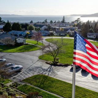 An aerial view of a suburban neighborhood with an American flag prominently displayed, surrounded by greenery and roads.