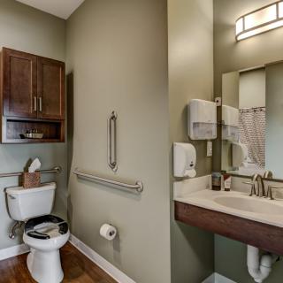 An accessible bathroom with a toilet, sink, mirror, and safety handrails.