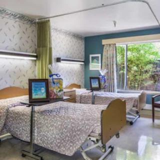 A well-lit hospital patient room featuring two beds, a window with greenery outside, and a cozy atmosphere.