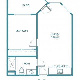 A floor plan of a one-bedroom apartment featuring a living/dining area, kitchenette, bathroom, and patio.
