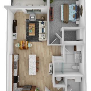 3D floor plan of a modern apartment featuring a spacious living area, kitchen, bedroom, and bathroom.