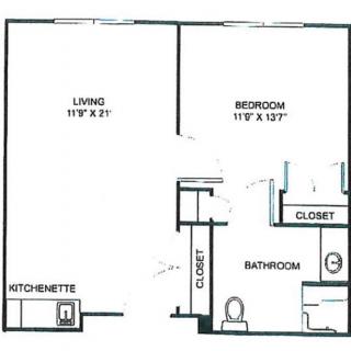 A one-bedroom apartment floor plan featuring a living room, kitchenette, bathroom, and closets.