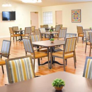 An empty dining room with neatly arranged tables and chairs, decorated with small plants and a television on the wall.