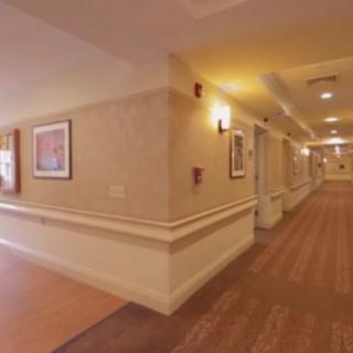 A warmly lit hallway with decorative paintings and carpeted flooring.