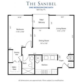 The Sanibel one-bedroom, one-bath apartment floor plan.