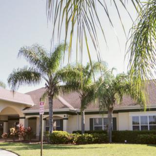 A suburban house with well-maintained landscaping and palm trees in the front yard.