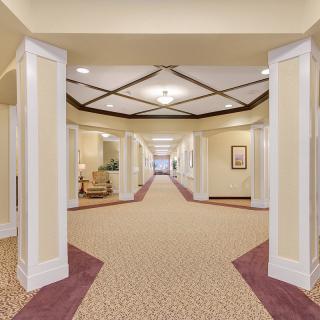 A well-lit hotel hallway with elegant decor and multiple doorways.