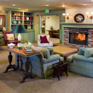A cozy living room with a warm fireplace, comfortable seating, and a well-stocked bookshelf.